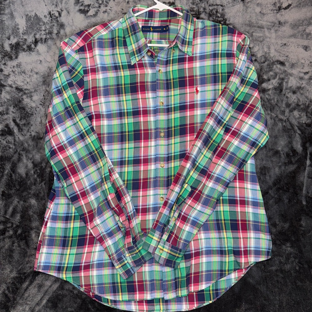 Ralph Lauren Mens XL Plaid Button Down Shirt Multi Color Cotton Long Sleeve Pony